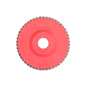 Red abrasive grinding disc with central mounting hole and diamond-edged rim.