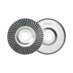 Two circular abrasive discs (flap wheels) for grinding and finishing, one showing dense grit flaps and the other with a branded label (BITHUT).