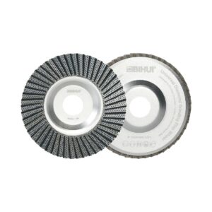 Two circular abrasive discs (flap wheels) for grinding and finishing, one showing dense grit flaps and the other with a branded label (BITHUT).