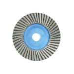 Circular flap wheel with blue hub and grey abrasive flaps used for sanding or finishing surfaces