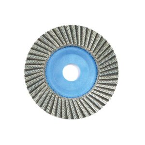 Circular flap wheel with blue hub and grey abrasive flaps used for sanding or finishing surfaces