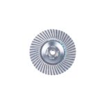 Circular abrasive flap disc with silver center and blue ring, used for grinding metal surfaces on an angle grinder.