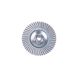 Circular abrasive flap disc with silver center and blue ring, used for grinding metal surfaces on an angle grinder.