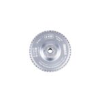 Circular abrasive grinding wheel with a central bore, labeled 120 grit; silver/gray with serrated edge for metal grinding.