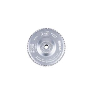 Circular abrasive grinding wheel with a central bore, labeled 120 grit; silver/gray with serrated edge for metal grinding.