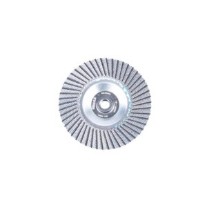 Circular flap disc with radial abrasive flaps and a central mounting hole, used for grinding/smoothing metal surfaces.