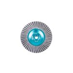 Blue circular flap wheel with a central mounting hole, surrounded by layered abrasive flaps for grinding and finishing on a grinder.