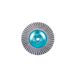 Blue circular flap wheel with a central mounting hole, surrounded by layered abrasive flaps for grinding and finishing on a grinder.