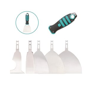 Cake decorating tool set with five stainless steel scrapers and teal-accented handles.