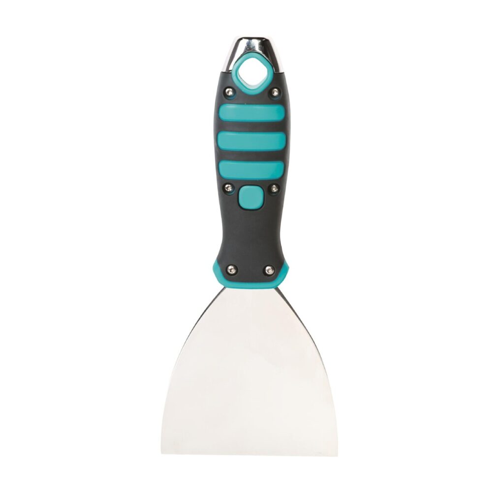 Putty knife with a wide metal blade and teal-rubber grip handle.
