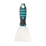 Putty knife with a wide metal blade and teal-rubber grip handle.