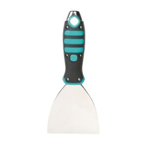 Putty knife with a wide metal blade and teal-rubber grip handle.