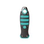 Ergonomic gray and teal handheld bottle opener with a metal top opener and textured grip.