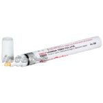 White marker pen with yellow tip and its cap removed, lying diagonally on a white background; label shows Uchida Co., Ltd. text.