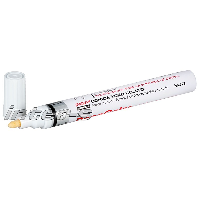 White marker pen with yellow tip and its cap removed, lying diagonally on a white background; label shows Uchida Co., Ltd. text.