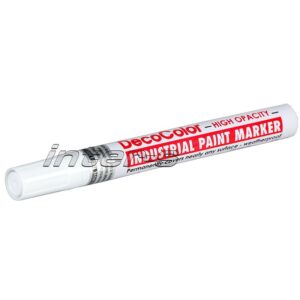 White industrial paint marker with red branding reading Decocolor Industrial Paint Marker on a white body (high opacity)