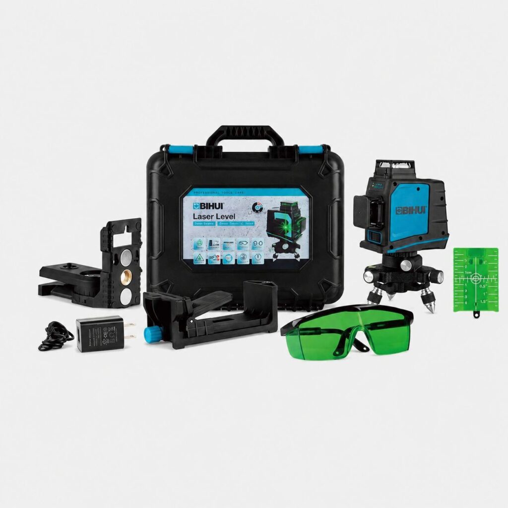 Laser level kit with a black carrying case, green safety glasses, and mounting accessories on a white background.
