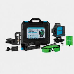 Laser level kit with a black carrying case, green safety glasses, and mounting accessories on a white background.